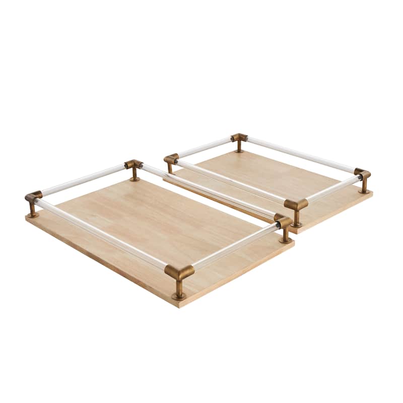 Mango Wood Tray with Copper Metal Edges and Acrylic Sides - Set of 2 Light Brown - Roche River Decor - 12"W x 19"L x 3"H