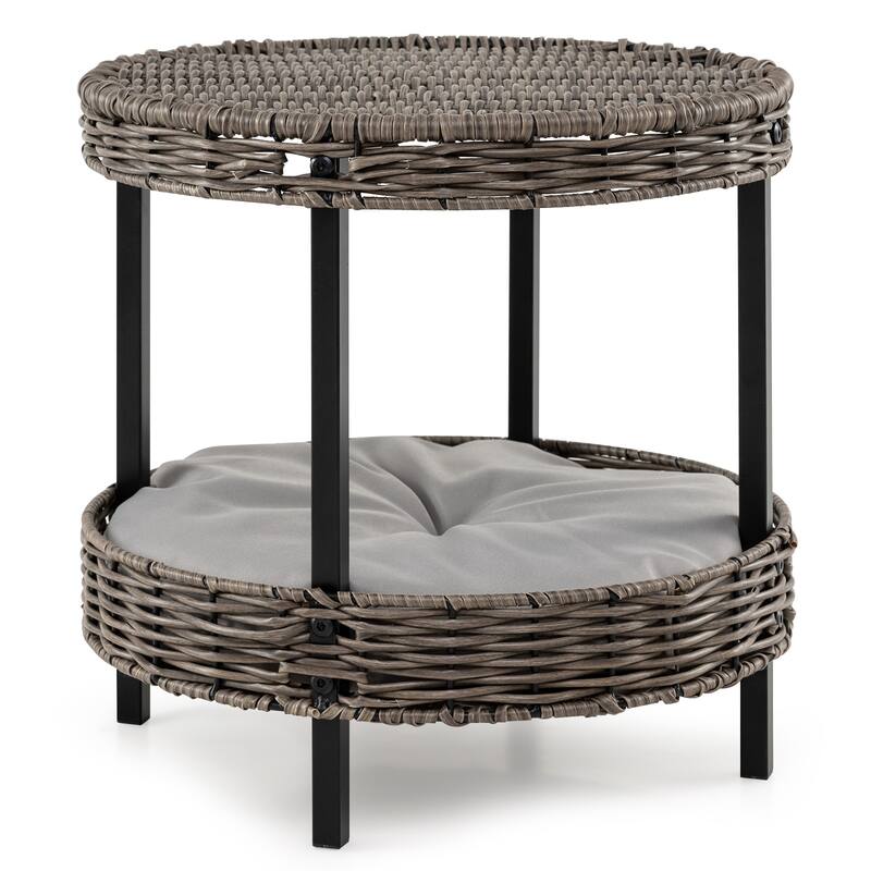 2-Layer Grey Rattan Cat Bed, Indoor Outdoor Pet Nest with Comfortable Washable Cushion - 15" x 15"