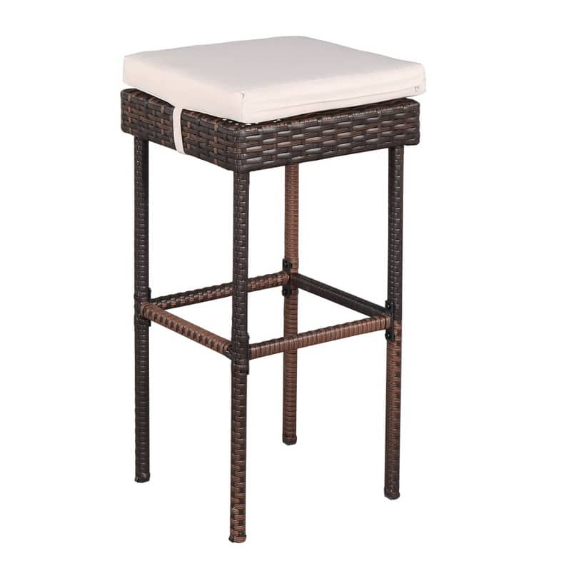Outdoor Brown 3-Piece Rattan Wicker Bar Set with Beige Seat Cushions