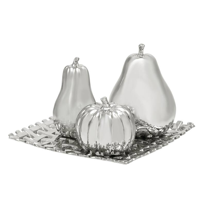 Ceramic Fruit Pear, Pumpkin, and Squash Decorative Sculpture with Decorative Plate - Set of 4 Gold or Silver - Roche River Decor - Silver - 12"W, 1"H