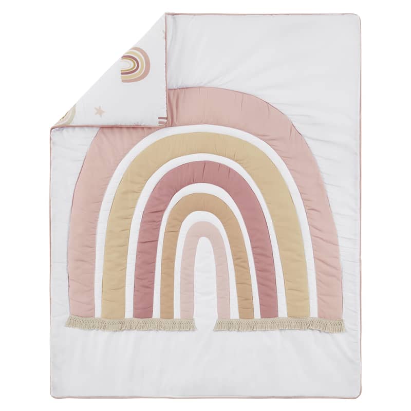 Boho Rainbow Girl 4pc Nursery Crib Bedding Set - Blush Pink Dusty Rose Gold Yellow Mauve Taupe Beige Bohemian Star Sun Celestial