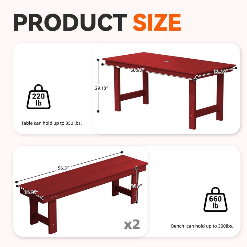 3-Piece HDPE Outdoor Dining Set with Umbrella Hole Table and Two 2-Person Benches
