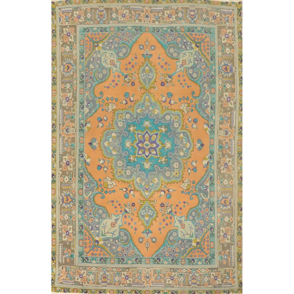 Hand Knotted Oriental 100% Wool Carpet Traditional Floral Oranges & Rust Tabriz Area Rug - 9' 1'' X 6' 4''
