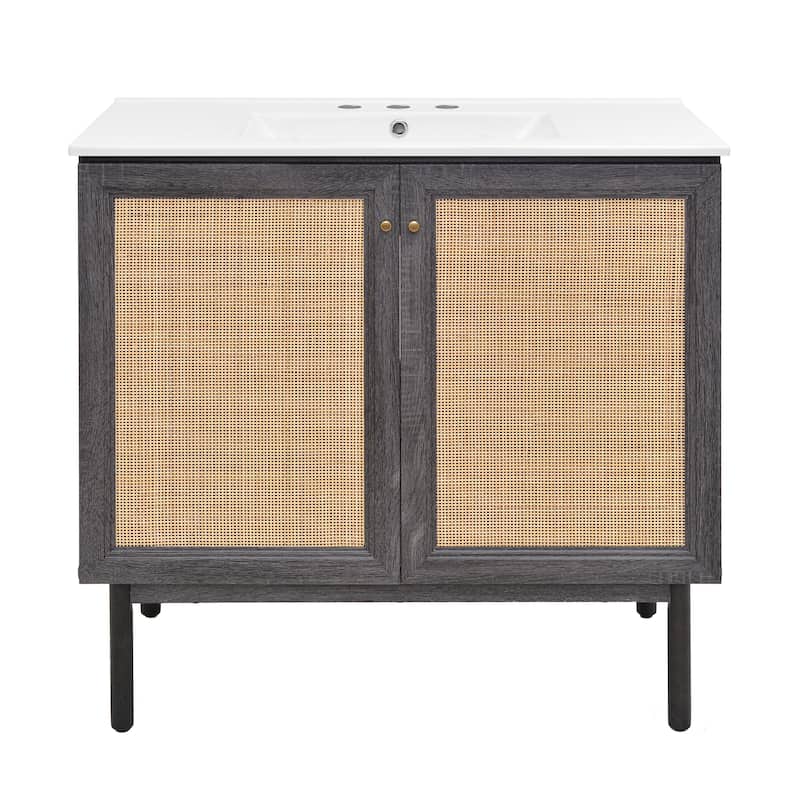 Classe 36 In. Black Oak Bathroom Vanity With White, 3-Hole Ceramic Sink Top