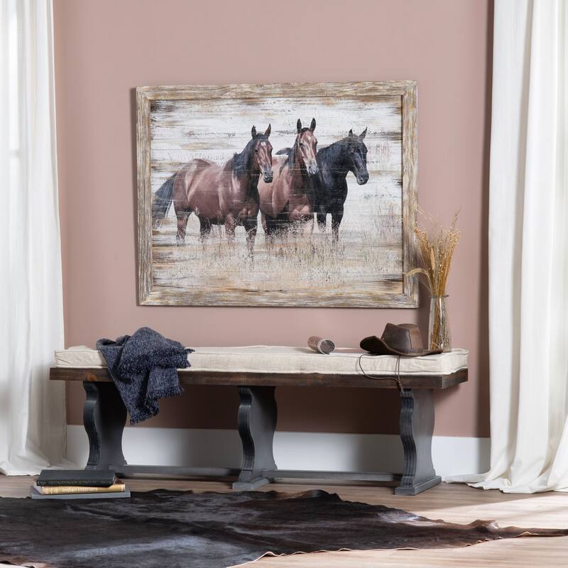 Hold Your Horses Wooden Wall Art with Brown Frame - Black