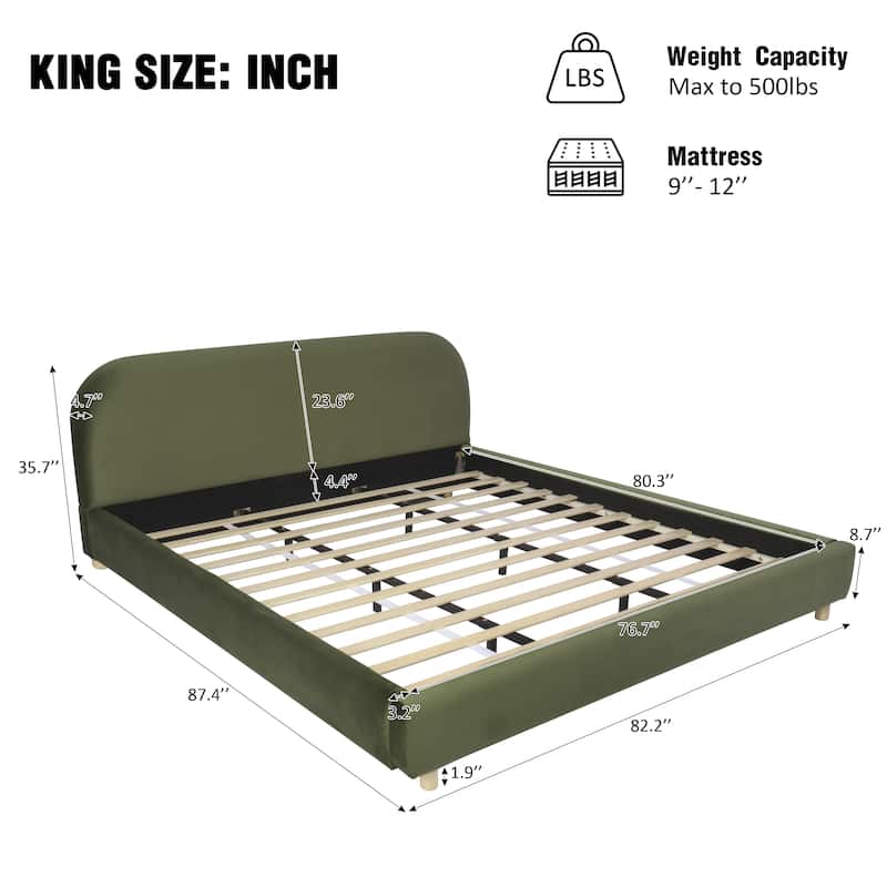 King/Queen Upholstered Platform Bed with Boucle or Velvet Fabric, Button Tufted Headboard