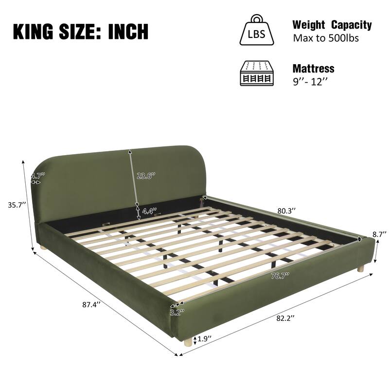 Roomfitters Modern King Platform Bed with Velvet Upholstery and Curved Headboard Design, Olive Green