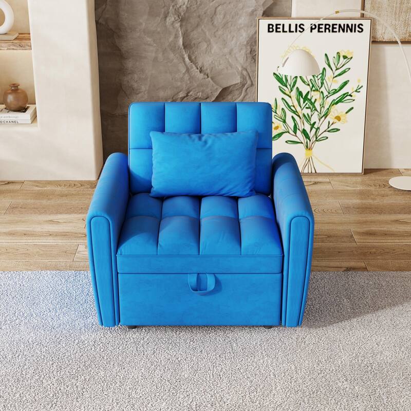 38.2-inch Foldable Velvet Sofa Bed with Adjustable Backrest, 3 Positions and Pillows, Blue - Multi-Color