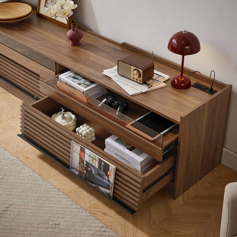 Modern LED TV Stand with 4 Drawers Built-In Charging Ports and Tempered Glass Panel, for Living Rooms