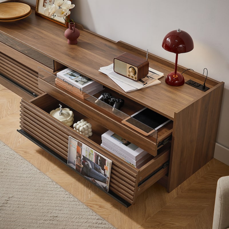 Roomfitters Modern TV Stand with 4 Drawers, Tempered Glass, Charging Ports and Ambient Lighting, Ample Storage