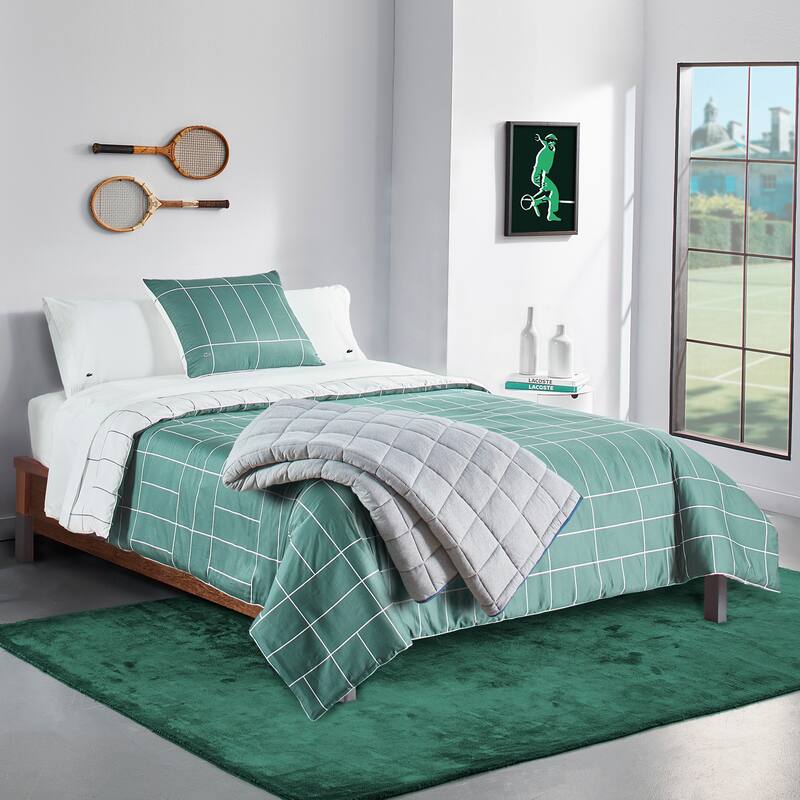 Lacoste Ashcombe Check Reversible 3-Piece Cotton Comforter Set - Twin - Green
