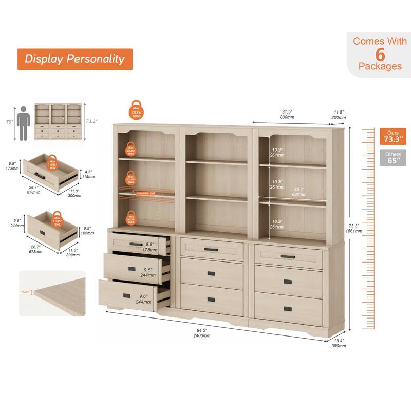 3 Tier Bookcase with Drawer,73.3" Tall Floor Standing Bookshelf