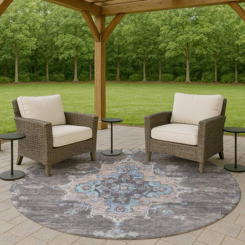 Machine Washable Indoor/ Outdoor Traditional Tabriz Chantille Rug - Graphite - 8' x 8'