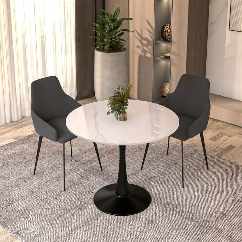Bristol 32" Round Minimalist Dining Table for 4 with Sintered Stone Top & Black Iron Pedestal Base for Kitchen & Dining Room
