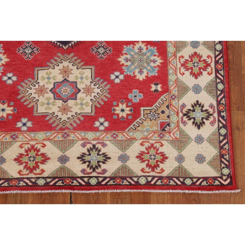 Geometric Kazak Area Rug Handmade Oriental Red Wool Carpet - 4'9" x 6'9"