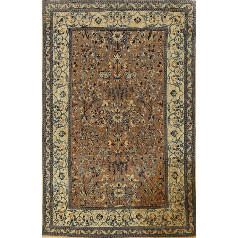 Hand Knotted Oriental Wool & Silk Carpet Traditional Floral Brown Nain Area Rug - 5' 6'' X 3' 5''