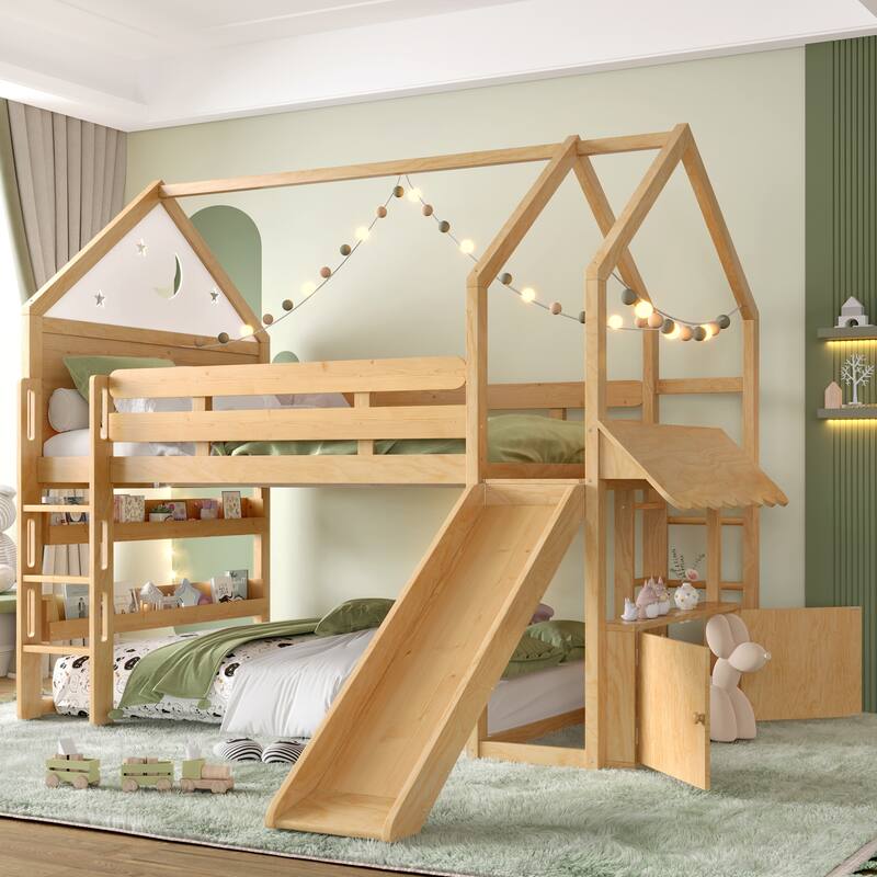 Starry Moon Kids Bed Frame Full Size Bunk Bed House Loft Bed with Built-in Bookshelves, Ladders and Reversible Slide for Playful