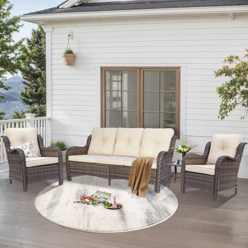 Brown Wicker Outdoor Patio Furniture Sofa Set with Denim Blue Cushions