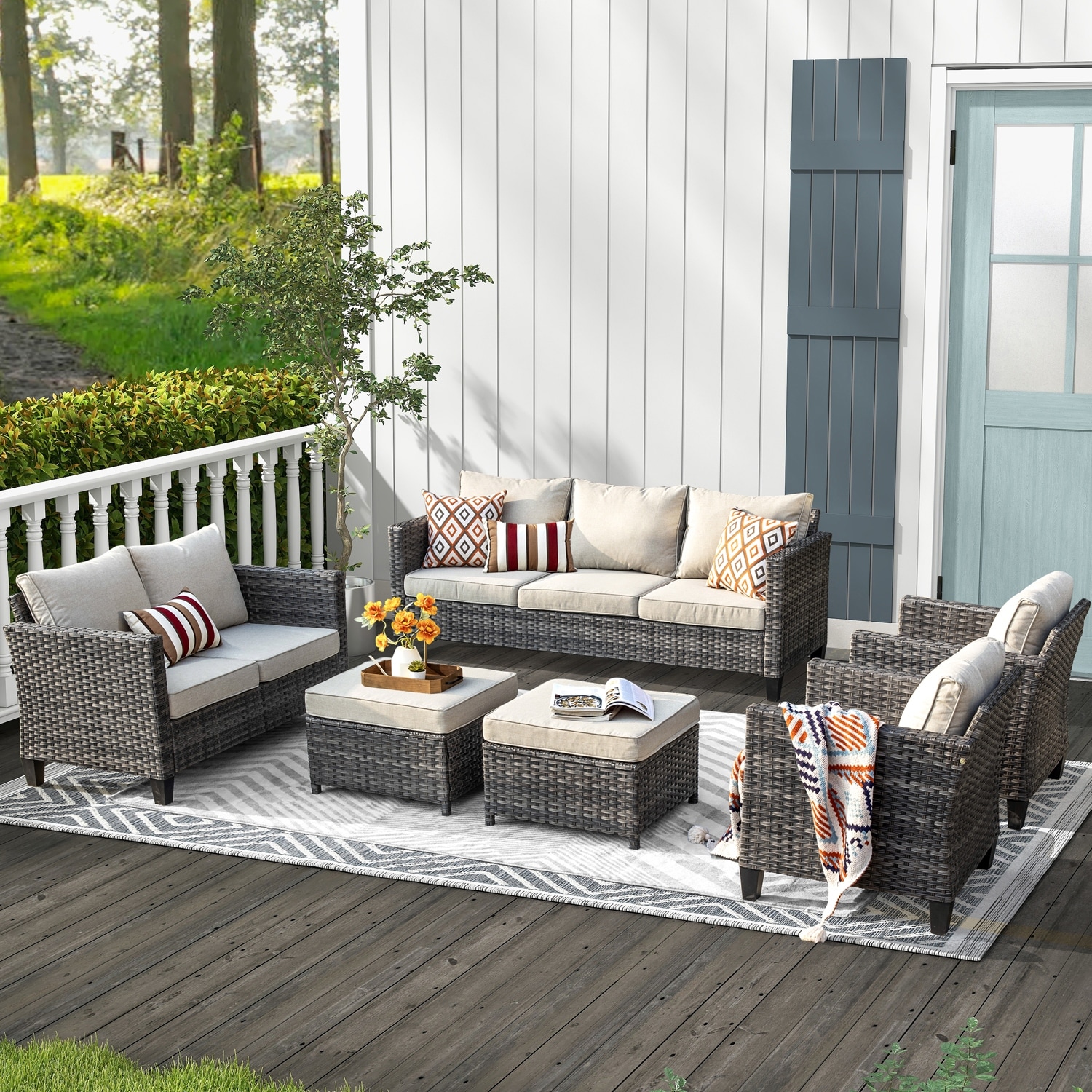 OVIOS 6-piece Patio Wicker Furniture Loveseat Conversation - Picture 9 of 29