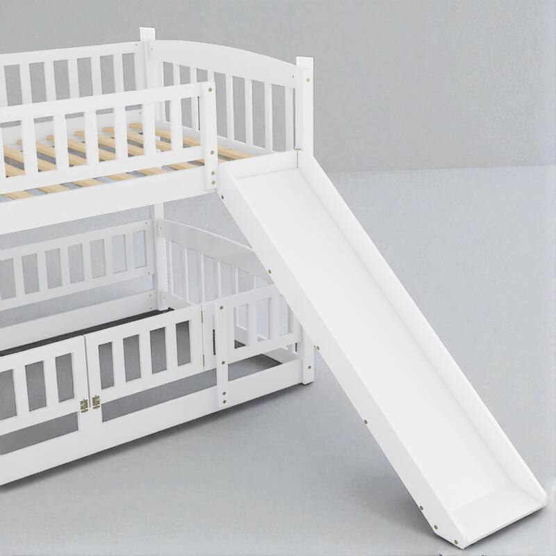 Twin Over Twin / Full Over Full Bunk Bed with Slide and Fence, Low Wood Frame with Ladder for Kids and Teens