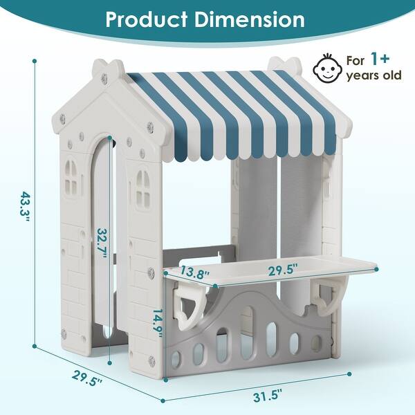 Blue Kids Playhouse with Cute Kids Pretend Play Kitchen Toys Set, Outdoor Playhouse for Toddlers Aged 1-3