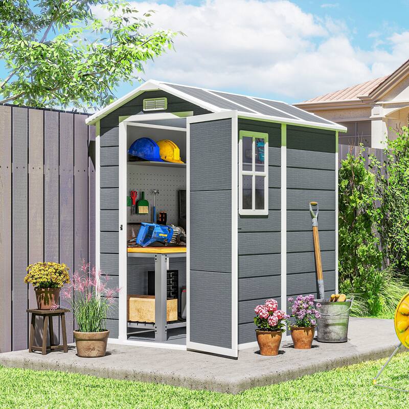 Outsunny 6' x 4' Outdoor Storage Shed, Plastic Shed with Floor, Window, Lockable Door and Vents, Garden Tool House - Grey