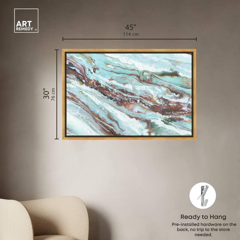 Art Remedy Mint Waves Framed Blue Abstract 1 Piece Canvas Wall Art
