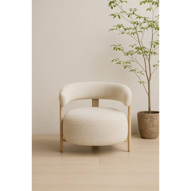 Modern Upholstered Lounge Chair With Curved Back With Wood-look Metal Frame - Beige