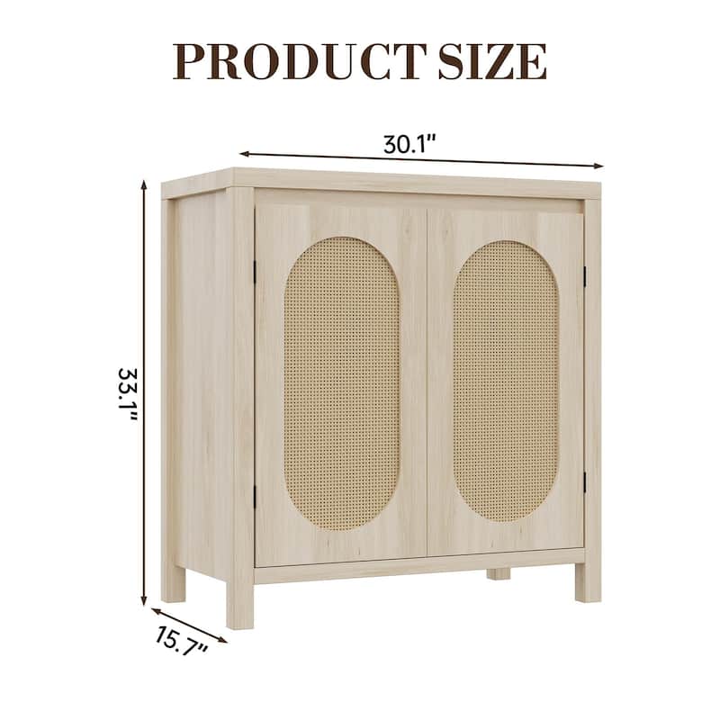Rattan Storage Cabinet with PVC Woven Doors, Wooden Sideboard Buffet, with Adjustable Shelf, Multifunctional Cupboard - Yellow
