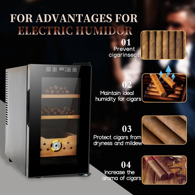 Black 25L Cigar Humidor Electric Cooling Heating 150-Count Capacity - 19.40 x 10.20 x 17.70