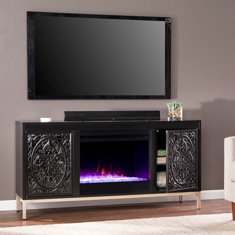 SEI Furniture Whitwell Black Wood Media TV Stand with Color Changing Fireplace Insert for TV's up to 56"