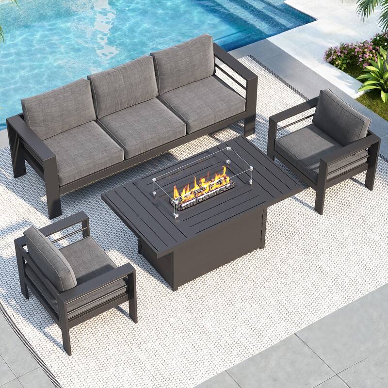 4 Pcs Patio Conversation Set with Propane Firepit - Grey