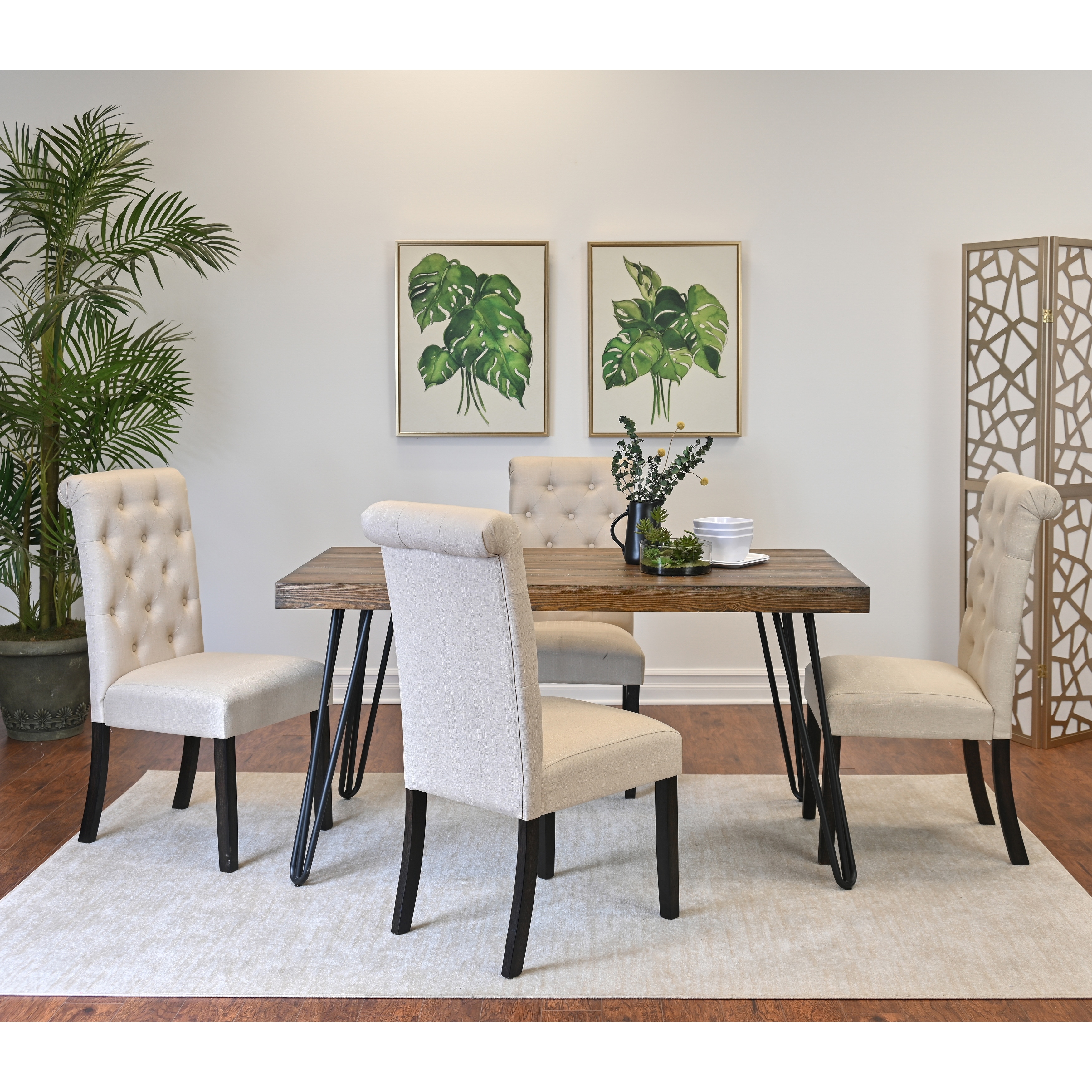 Hairpin Dining Table and 4 White Cushioned Chairs