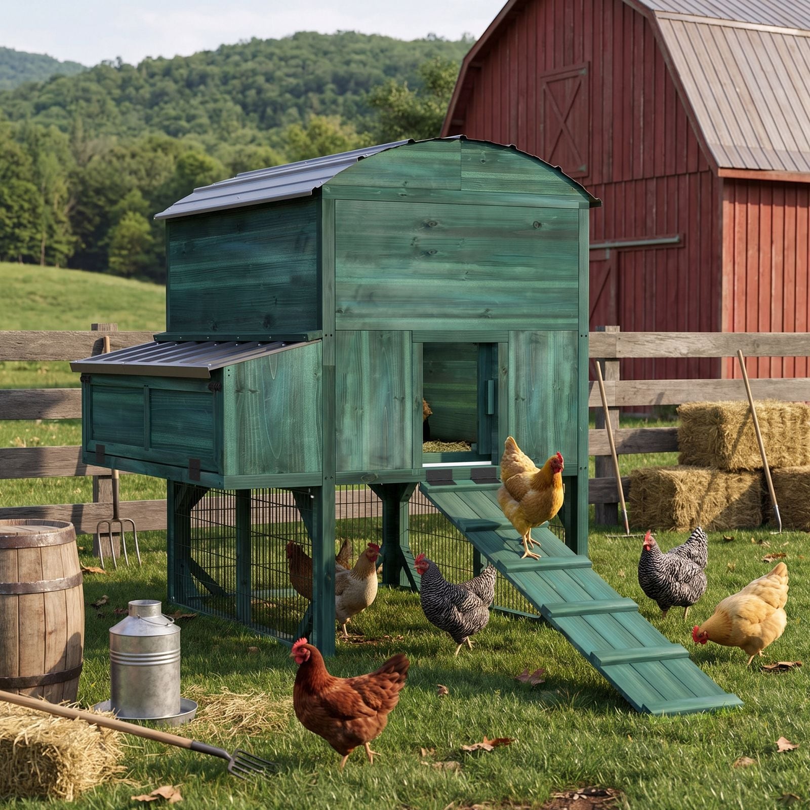 VEIKOUS 4 ft. x 4 ft. Cedar Wooden Chicken Coop Poultry House with 3-Nesting Boxes and Wire Fence