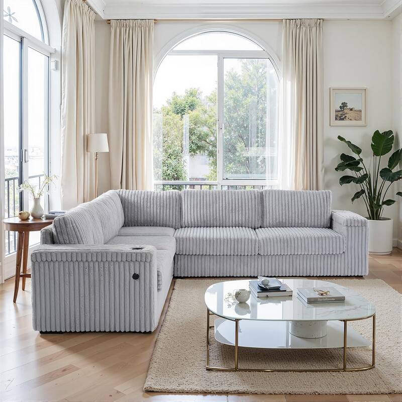 109.5" L-Shaped Sectional Sofa, Modular Corduroy Couches for Living Room, 5 Piece, Light Gray