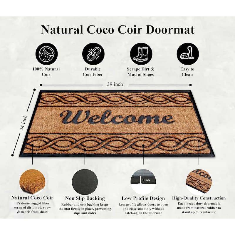 A1HC Rubber and Coir Beautifully Design Welcome Durable Doormat 24"X39", Beige Black Welcome Wave