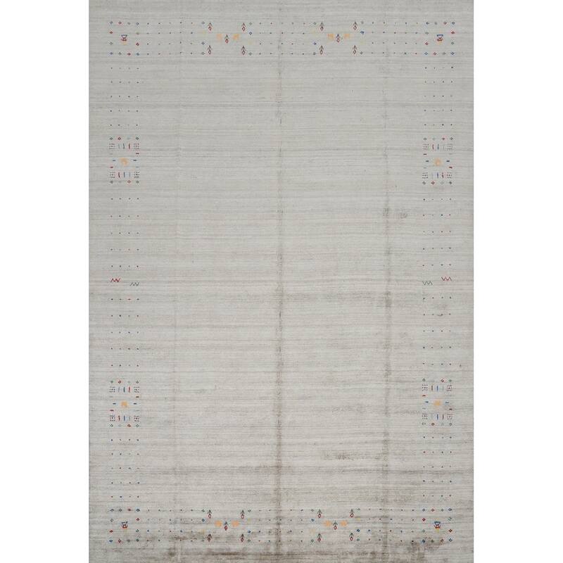 Hand Knotted Oriental Viscose Silk Carpet Tribal Animal Pictorial Beige & Ivories Gabbeh Area Rug - 11' 9'' X 8' 11''