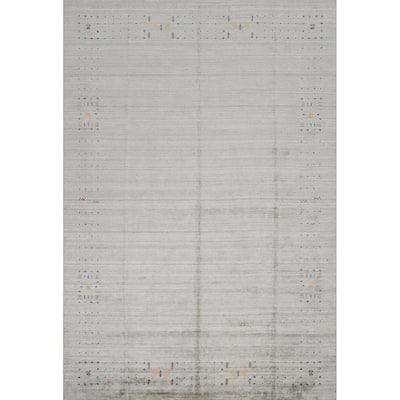Hand Knotted Oriental Viscose Silk Carpet Tribal Animal Pictorial Beige & Ivories Gabbeh Area Rug - 11' 9'' X 8' 11''