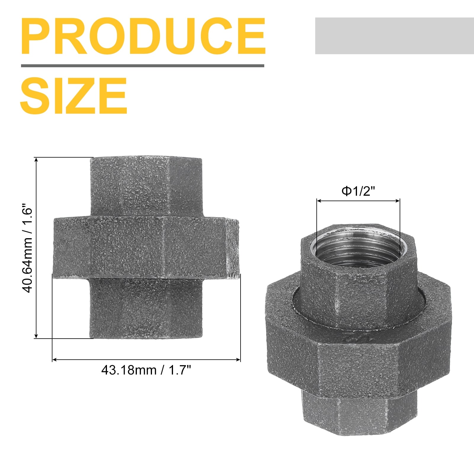 Pipe Fittings Union, Malleable Cast Iron Union Threaded for Vintage Retro Industrial Pipe, Furniture and DIY Decor - Black