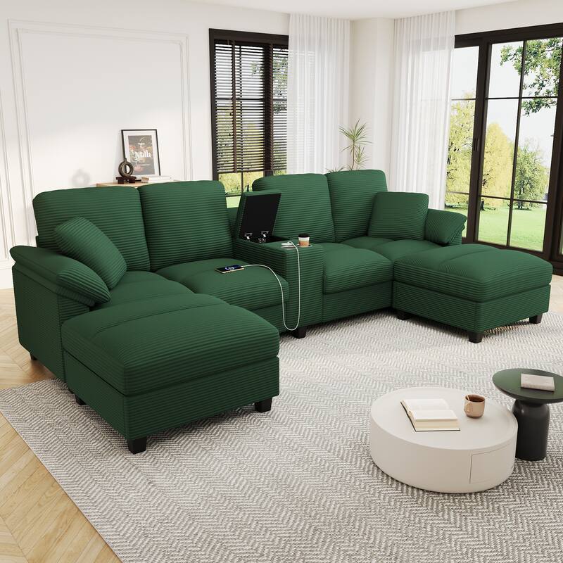 Corduroy Upholstered 4 Seat Sofa, U-shaped Sectional Sofa with Movable Storage Ottomans, Console, Cup Holders and USB Ports
