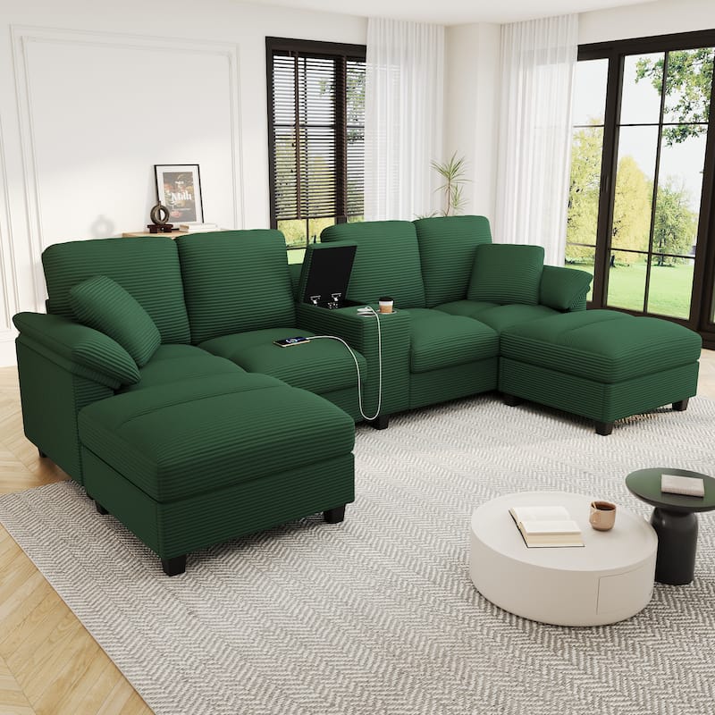Roomfitters U-Shaped Sectional Sofa 116.9" Corduroy Upholstered Couch with Storage Ottomans, Cup Holders and USB Ports - Green