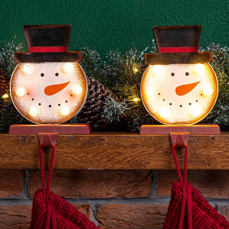 Glitzhome Christmas Wooden/Metal LED Snowman Paw Stocking Holders Mantel Ornament
