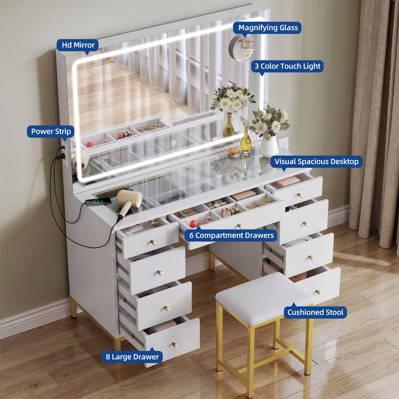 Moasis 9-Drawer Makeup Vanity Set with Stool and Mirror, Glass Top Vanity Desk with LED Lights