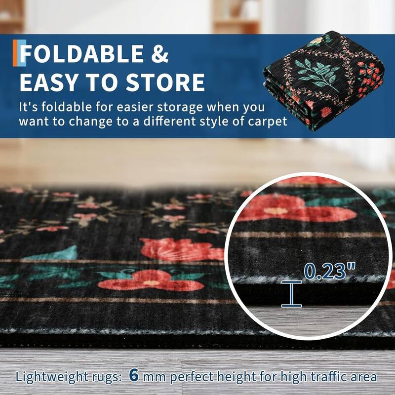 Vintage Floral Washbale Floor Cover Area Rug for Bedroom, Living Room, Black - 1'6" x 2'6"