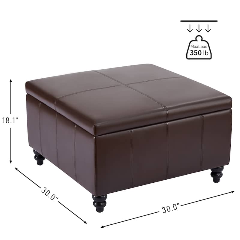 Leather Square Storage Ottoman for Living Room, Brown/ Black 30"W x 30"D x 18.1"H