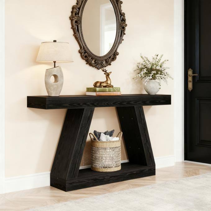 55-Inch Farmhouse Console Table, Rustic Sofa Table with Storage, Industrial Wooden Entryway Table for Hallway, Living Room