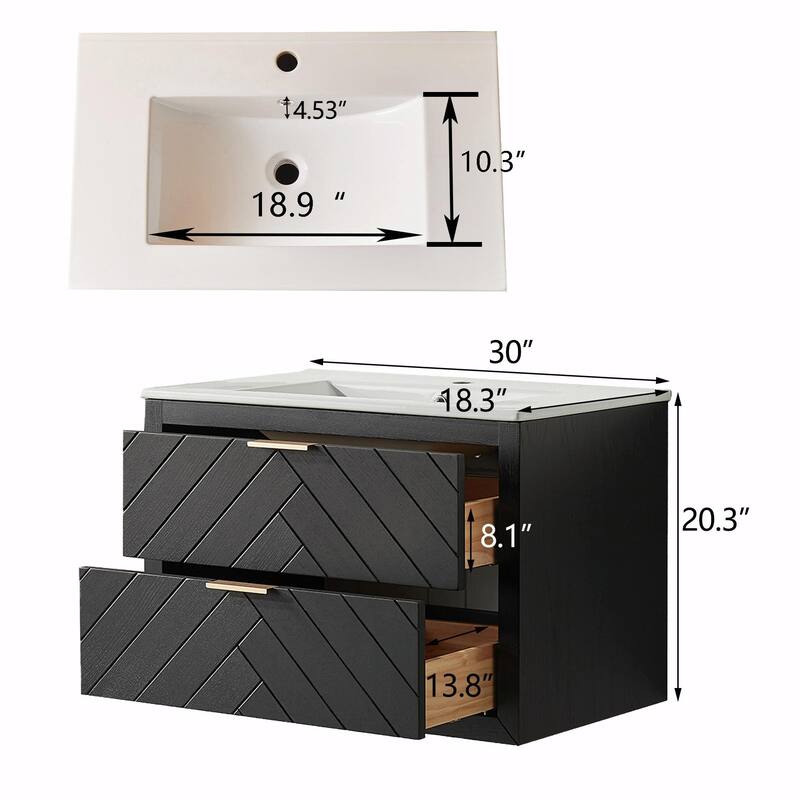 30-inch Wall-Mounted Floating Single Vanity with Ceramic Sink