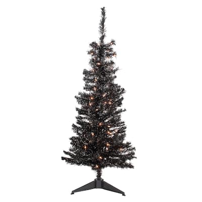 4' Pre-Lit Black Artificial Tinsel Christmas Tree, Clear Lights - 4 Foot