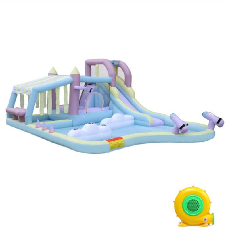 Inflatable Bounce House With Water Slide, W/Cloud Spray Water And 750W Air Blower