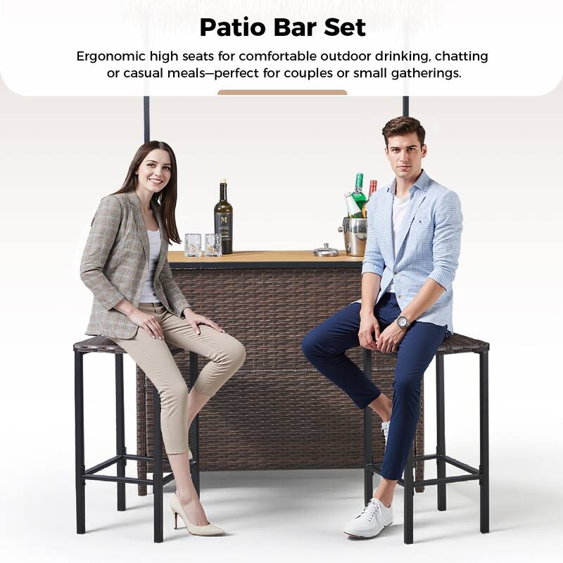 Pocassy Outdoor Patio Tiki Bar Set with 2 Stools Storage for Garden